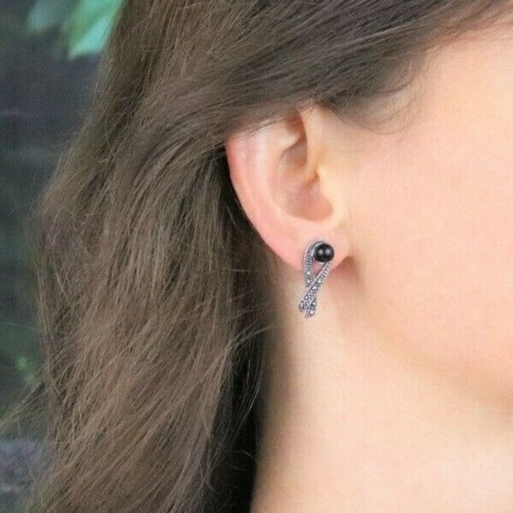 Sterling Silver Marcasite Ribbon Earrings with Black Bead Stud Post - Picture 3 of 9